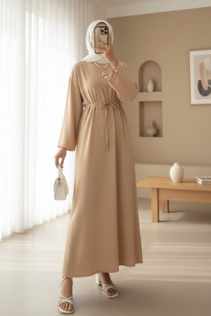 Beli Bağlamalı Arkası Fermuarlı Keten Elbise -Bej