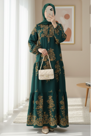 Dik Yaka Yarım Düğmeli Elbise  -Zümrüt