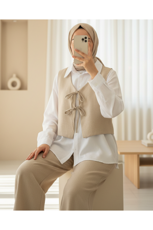 بدلة كتان من قطعتين مع بنطلون وصدرية برباط أمامي -تدرجات البيج