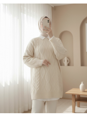 Petek Desen Kışlık Salaş Triko Kazak -Ekru