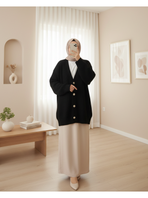 Gold Düğmeli Salaş Triko Hırka -Siyah