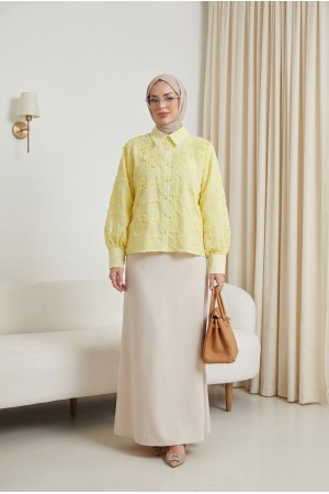 Çiçek Nakışlı Fistolu Düğmeli Mira Gömlek -Sarı