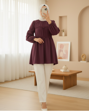 Poplin Tunic with Elastic Sleeves and Daisy Detail -Damson