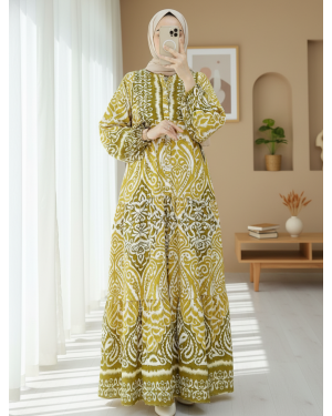 Half Buttoned Stand Collar Piece Dress -Mustard