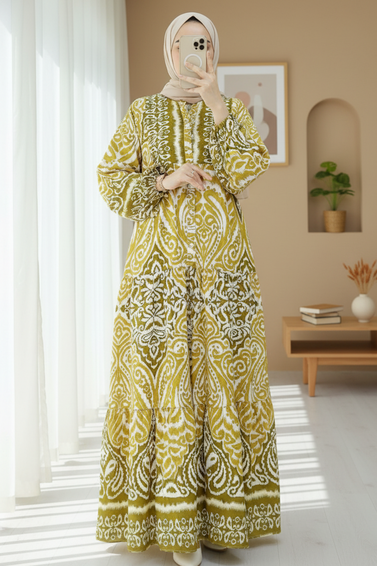 Half Buttoned Stand Collar Piece Dress -Mustard