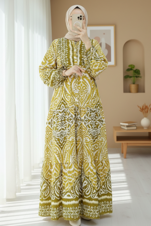 Yarım Düğmeli Dik Yaka Parçalı Elbise -Hardal