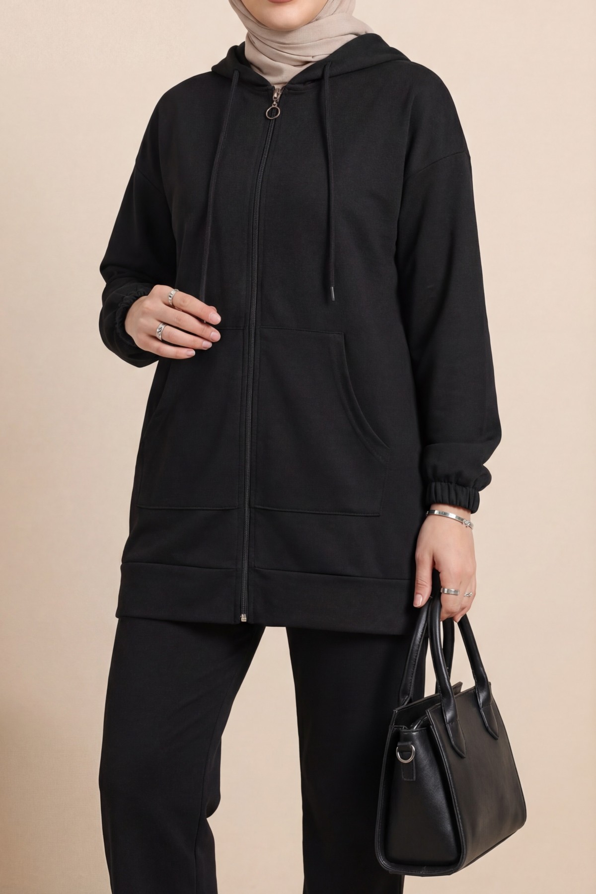 Zippered Hooded Combed Cotton Set -Black