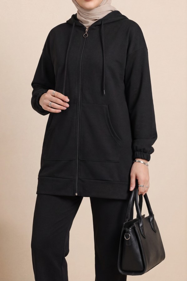 Zippered Hooded Combed Cotton Set -Black