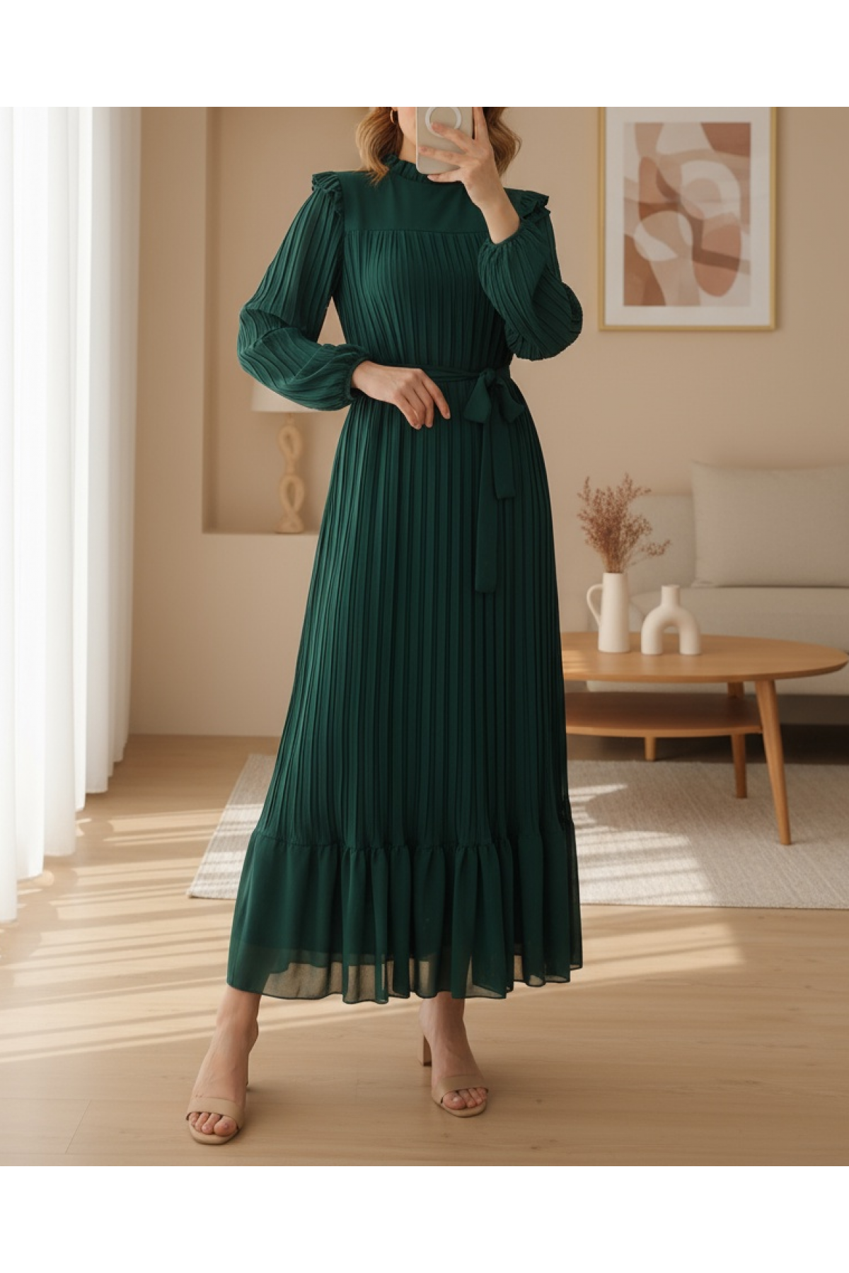 Front Robe Sleeves and Body Pleated Dress  -Emerald