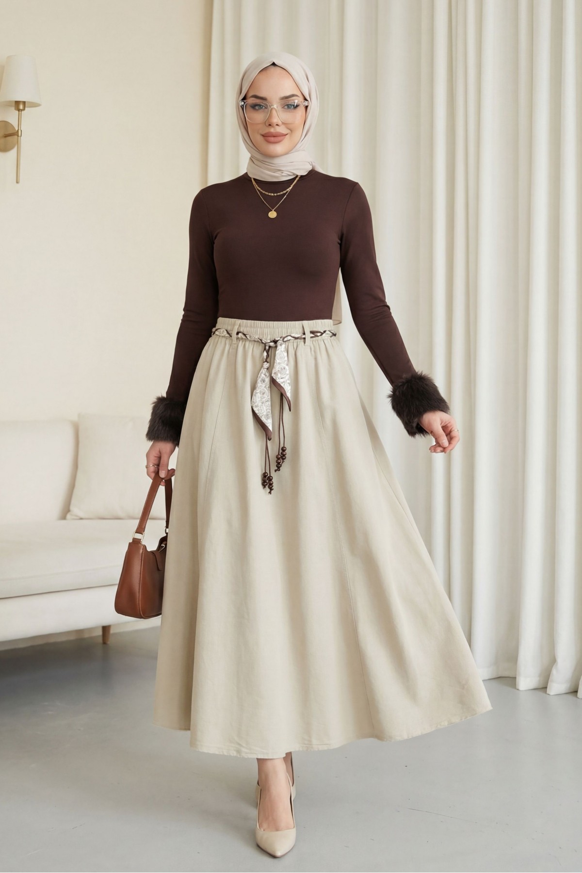 Linen Skirt with Elastic Waistband, Belt, and Pockets -Stone