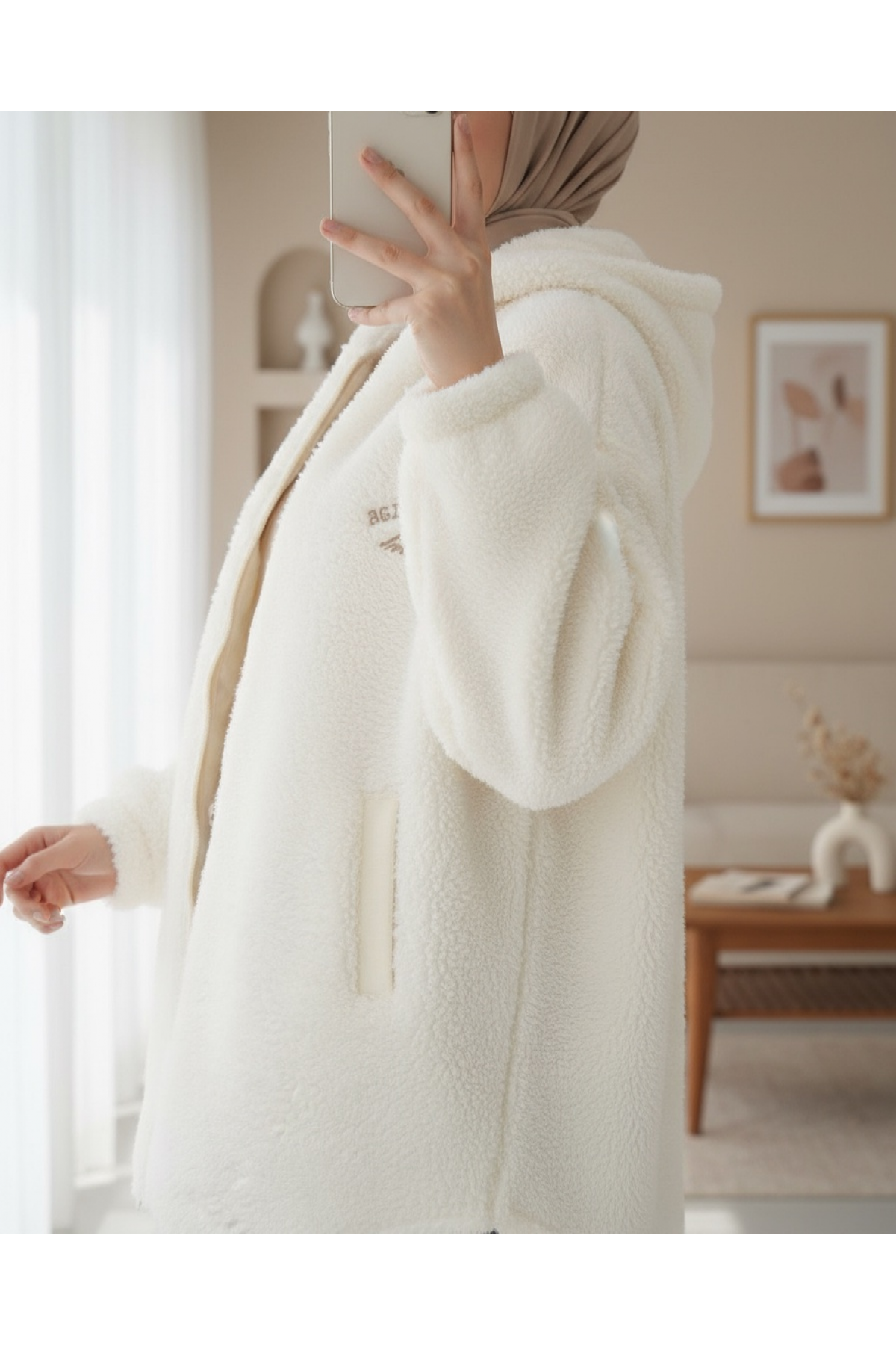 Hooded Zippered Kangaroo Pocket Lined Plush Coat -Ecru