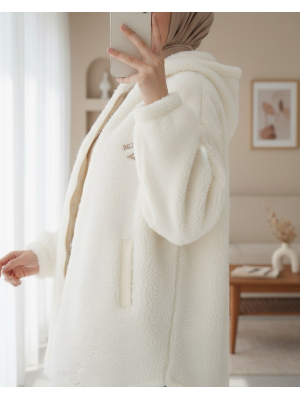 Kapşonlu Fermuarlı Kanguru Cepli Astarlı Peluş Mont -Ekru