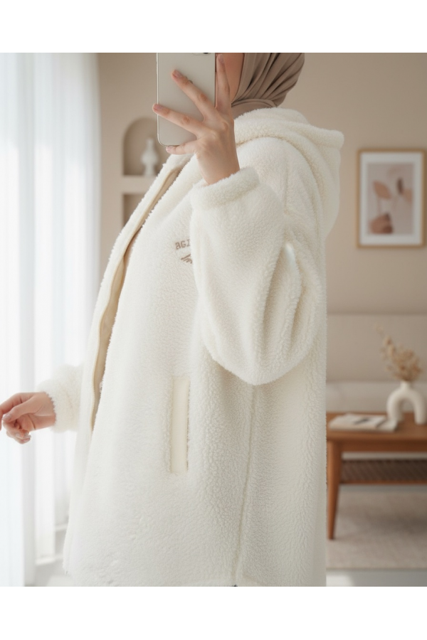 Hooded Zippered Kangaroo Pocket Lined Plush Coat -Ecru