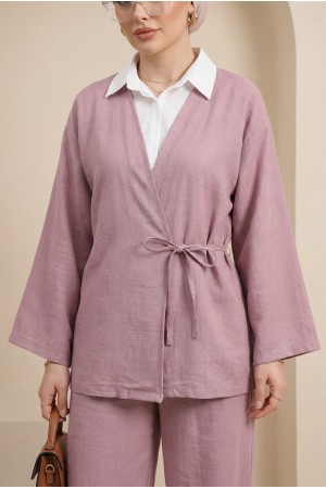 Front Tie Trouser Kimono Set      -Powder