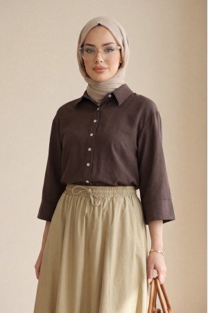 V Yaka Düğmeli Yarım Kol Modal Gömlek -K. Kahve