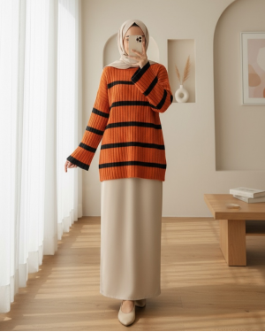 Salaş Kollu Çizgili Triko Kazak -Turuncu