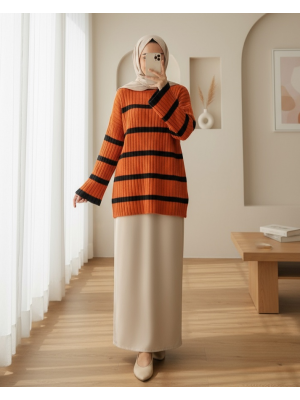Salaş Kollu Çizgili Triko Kazak -Turuncu