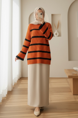 Loose Sleeve Striped Knitwear Sweater -Orange