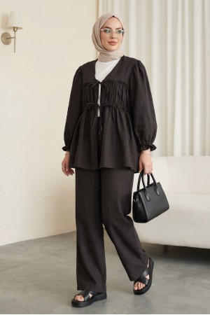 Önü Bağcıklı Büzgülü Kolu Lastikli Modal Takım  -K. Kahve