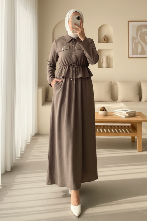 Metal Düğmeli Beli Bağlamalı Gömlek Jile Elbise  -Toprak