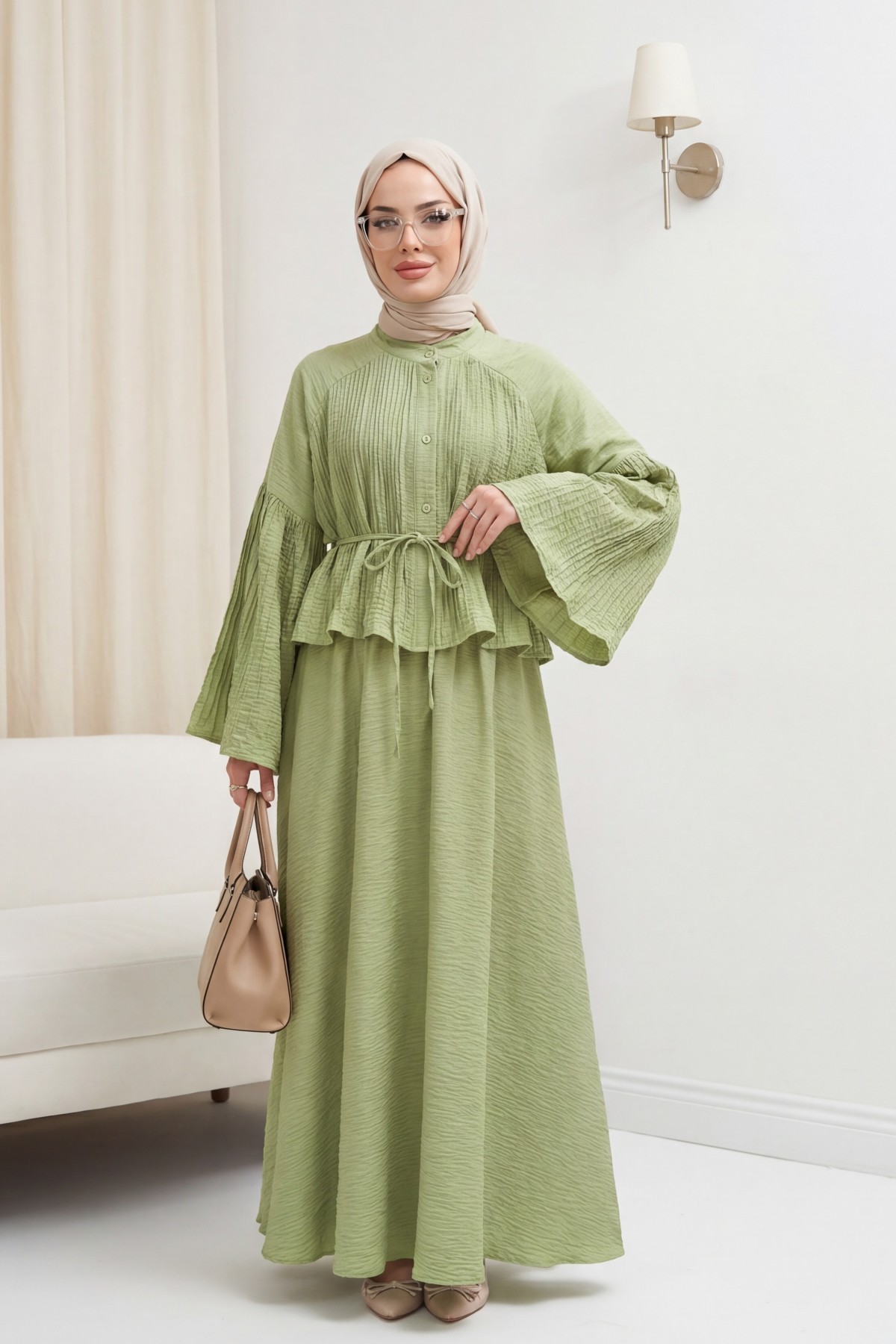 Pleated Lace-Up Jacquard Waffle Set -PISTACHIO GREEN