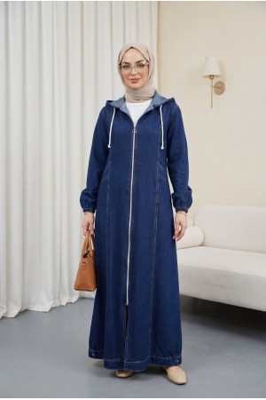 Boydan Fermuarlı Kapşonlu Kolu Lastikli Cepli Kot Kap -İndigo