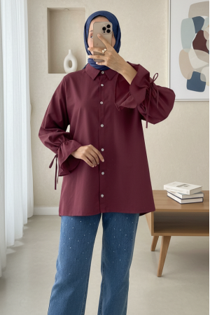 Kolu Büzgülü Arkası Piliseli Gömlek  -Bordo