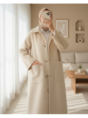 Boydan Düğmeli Cepli Kaban  -Bej