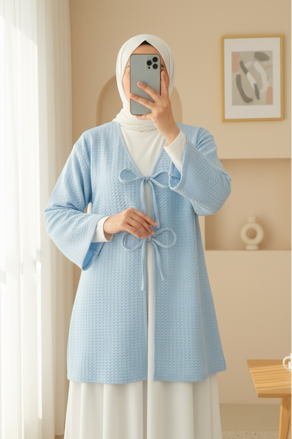 Önü Çift Bağcıklı Petek Desen Kimono -Bebe Mavi