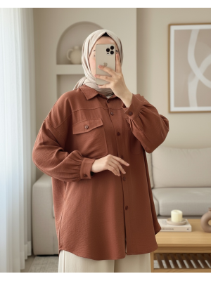 Çift Cepli Boydan Düğmeli Gömlek -Kiremit