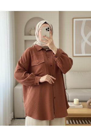 Çift Cepli Boydan Düğmeli Gömlek -Kiremit