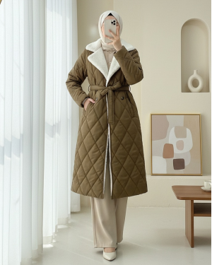 Quilted Coat with Plush Collar and Inside Lining, Waist Belt and Pocket -Snuff