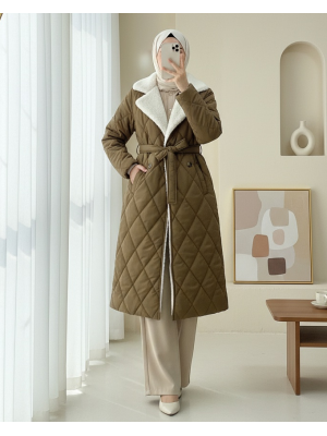 Yakası Ve İçi Peluşlu Astarlı Beli Kemerli Cepli Kapitone Kaban -Taba