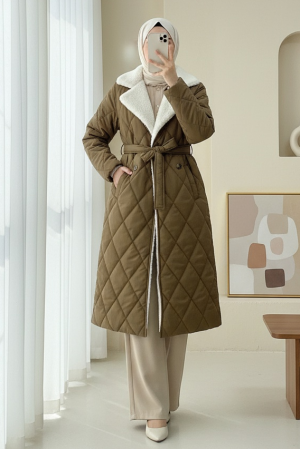 Quilted Coat with Plush Collar and Inside Lining, Waist Belt and Pocket -Snuff