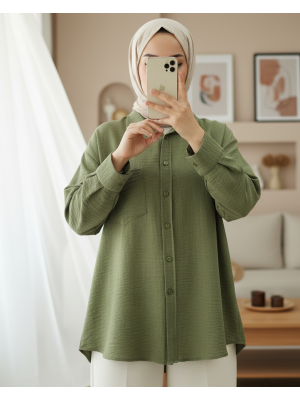 Tek Cepli Düğmeli Keten Gömlek -Haki