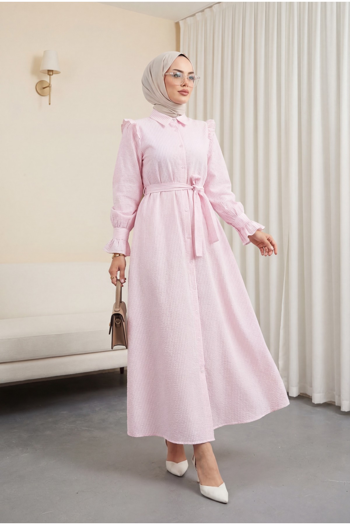 Buttoned Front Lace Detailed Belted Dress -Powder