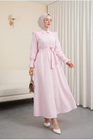 فستان بأزرار أمامية وتفاصيل دانتيل -بودرة