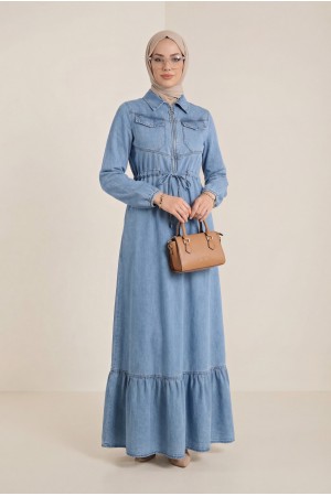 فستان جينز بأكمام مرنة وسحاب نصف نفق -جليدي