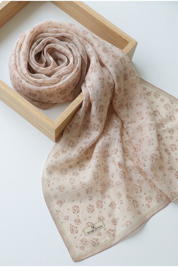 Crisp Floral Patterned Voile Scarf -Powder