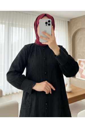 Yakası Ve Kolu Dantelli Top Düğmeli Astarlı Gömlek -Siyah