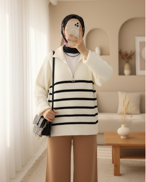 Half Zipper Side Striped Knitwear Sweater -Ecru