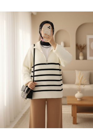 Half Zipper Side Striped Knitwear Sweater -Ecru
