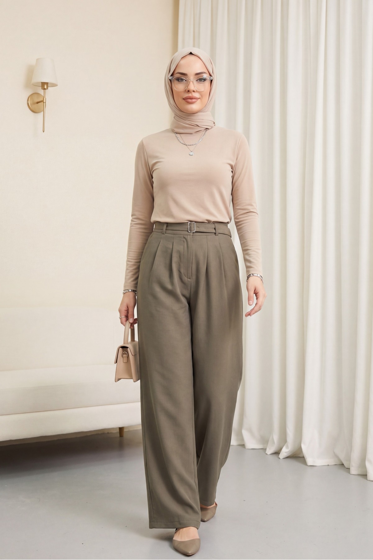 بنطلون Tencel Cupra بتفاصيل حزام خصر مطاطي -خاكي