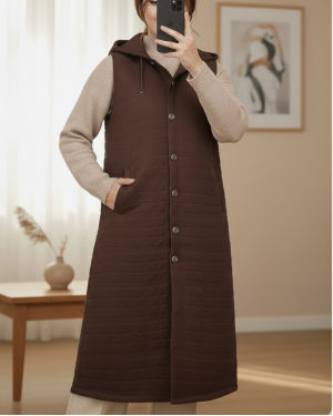 Quilted Vest with Buttoned Front and Chain Detailed Hood -Brown