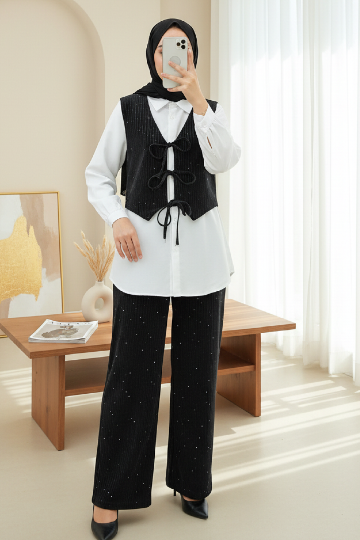 Tie-Front Vest and Trouser Velvet Set -Anthracite