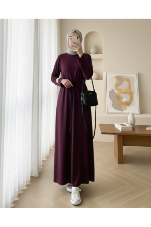 فستان أويشو برقبة دائرية وخصر مربوط -لون الخوخ