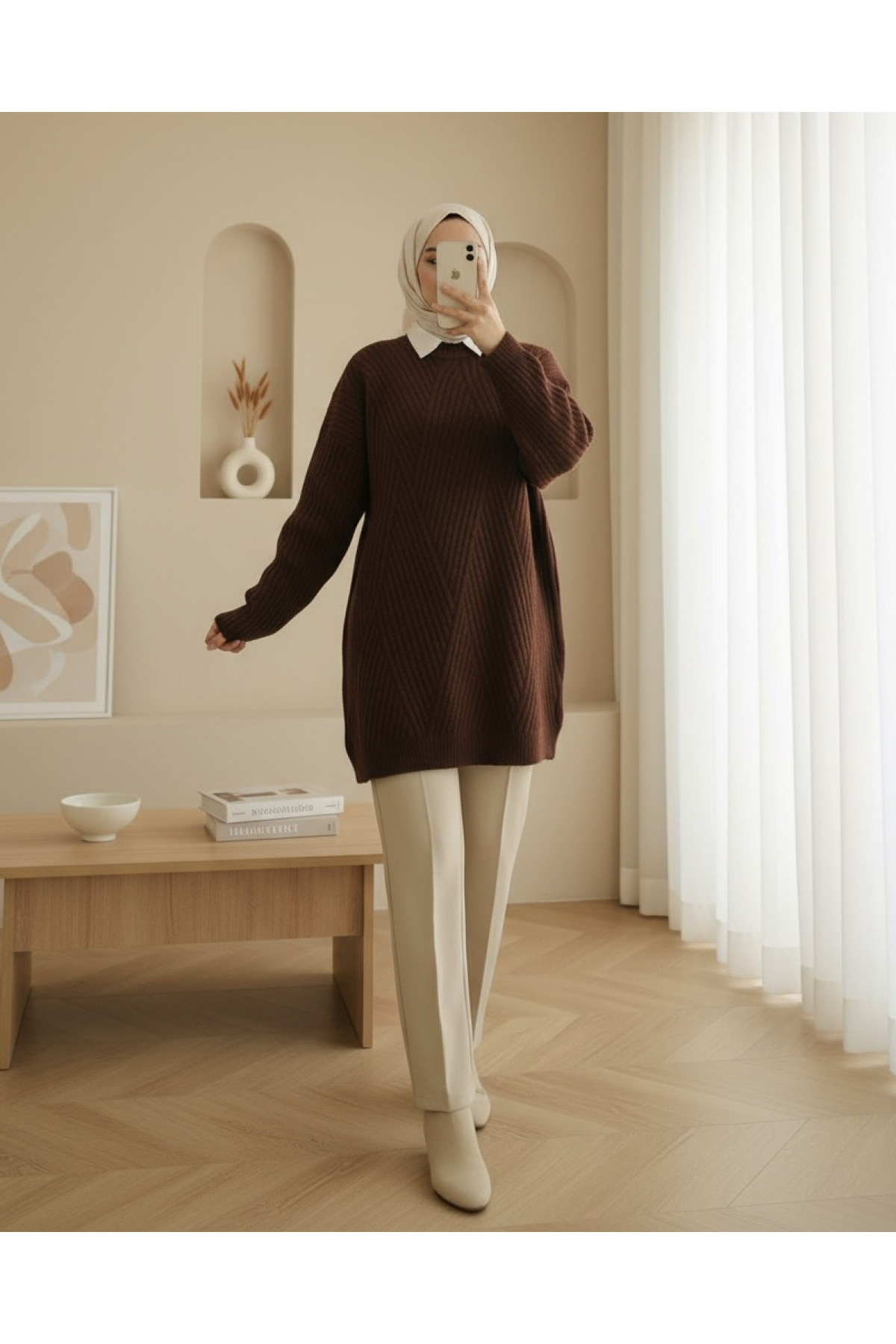 Execution Knitting Diamond Patterned Knitwear Tunic   -Dark Coffee
