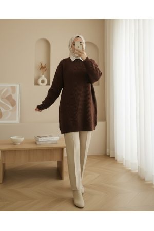 تنفيذ محبوك الماس منقوشة سترة تريكو   -بني محروق