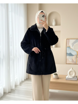 Tünel Bağcıklı Cepli Astarlı Kürklü Ceket -Siyah