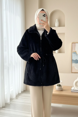 Tünel Bağcıklı Cepli Astarlı Kürklü Ceket -Siyah